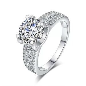 Sterling Silver Round-Cut Solitaire Engagement Ring with Pavé Band - White